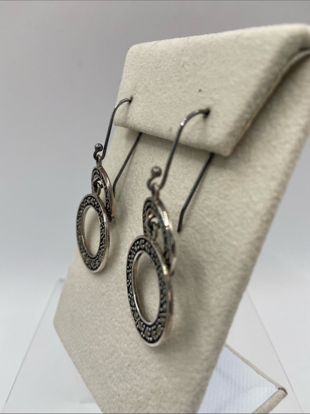 Suspicion Marcasite Sterling Silver 925 Double Hoop Dangle Earrings 2”L - Picture 3 of 9